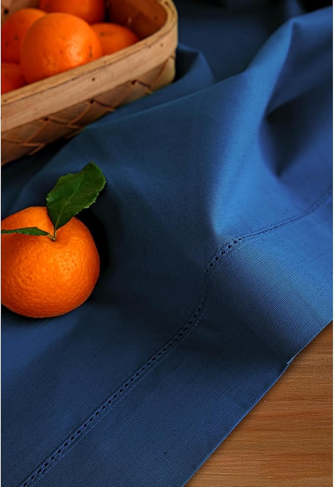 Solino Home Table Runner 120 Inches Long - Cotton Linen Hemstitch Lapis Blue Table Runner 14 x 120 Inch for Winter
