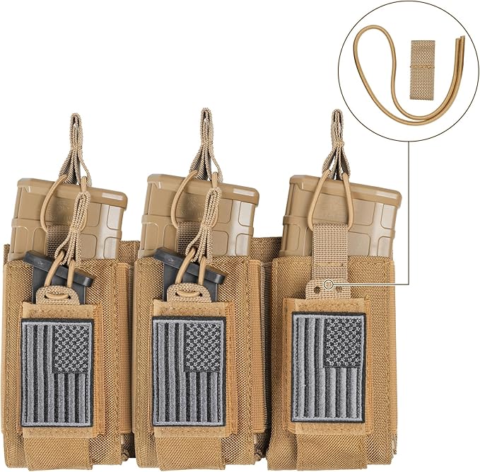 Open-Top Single/Double/Triple Molle Mag Pouch for 5.56mm M4 M16 AK AR Glock M1911 9mm Elastic Rifle Magazines Pistol Mag Pouches Holder Carrier with USA Flag Patch