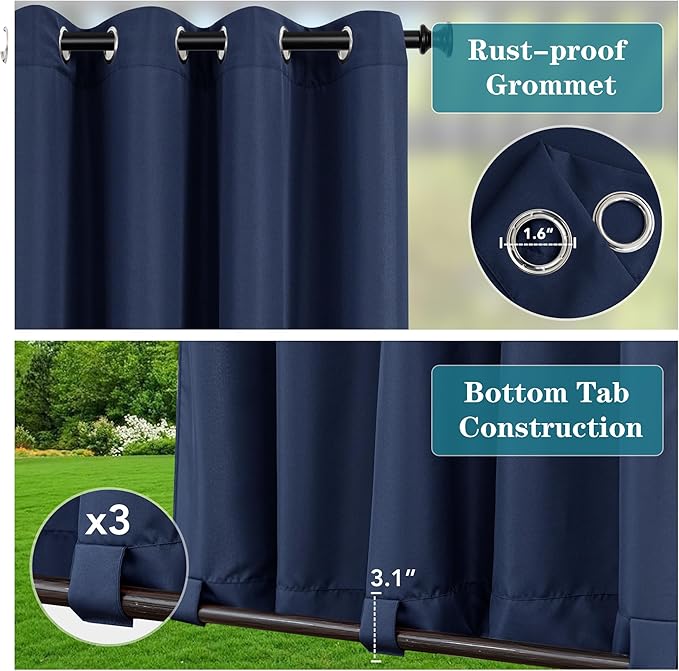 HolidayIdeas Gazebo Curtains Outdoor Waterproof 4 Panels 54x84 Inch-Windproof Weatherproof Privacy Navy Outside Curtains-Grommet Top and Tab Bottom Drape for Patio, Porch, Pergola, Cabana, Backyard