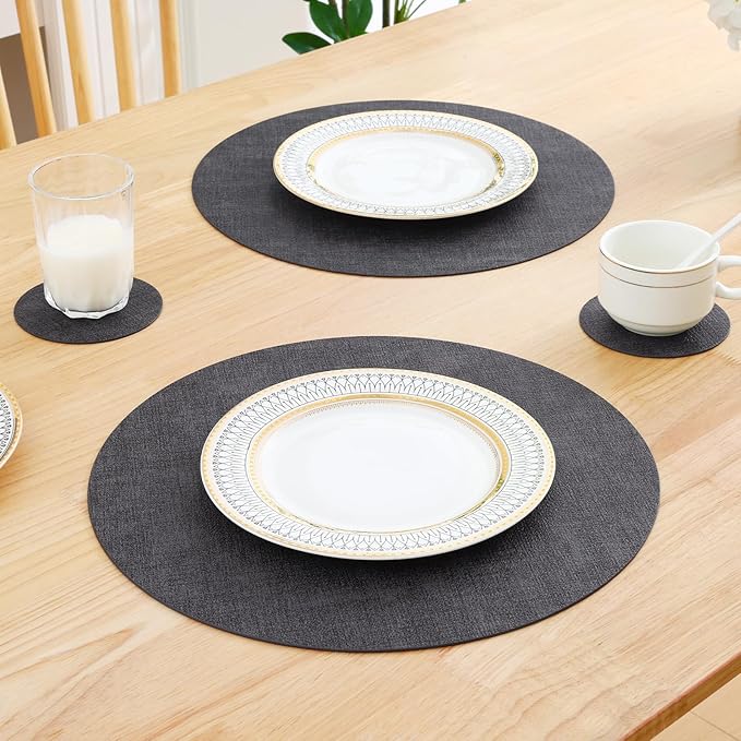 Homaxy Round Faux Leather Placemats and Coasters, Washable Dual-Side Table Mats, Wipeable Heat-Resistant Dining Place Mats for Outdoor and Indoor, Set of 8, Diameter 13 and 3.93 inch, Dark Grey
