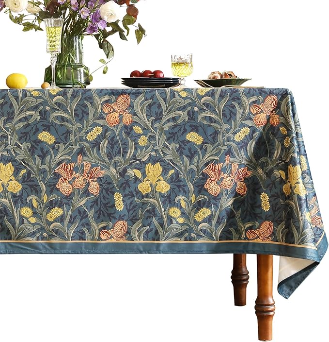 patdrea Designer Vintage Dark Blue Linen Rectangle Tablecloth,French Rustic Floral Pattern Tablecloths,Decorative Table Cover Cloth for Kitchen,Dining,Tea Party,Home,Christmas,63"*87"