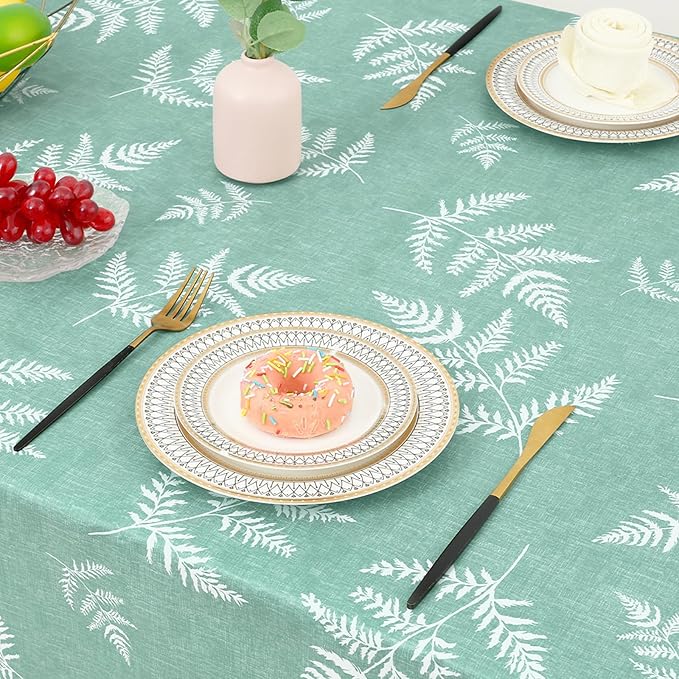 misaya Rectangle Waterproof Vinyl Table Cloth, Wipeable Tablecloth with Flannel Backing, Plastic Table Cover for Dinner, Picnic, Indoor and Outdoor (Light Green Leaves, 60" x 120")