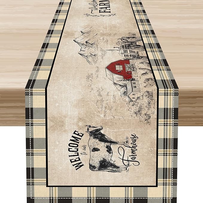 Farmhouse Table Runner, Rustic Country Barn Cottage Rooster Cow Check Animal Coffee Table Center Decor for Home Kitchen Dining Patio Holiday Party Indoor Outdoor Table Decorations 13"x108"