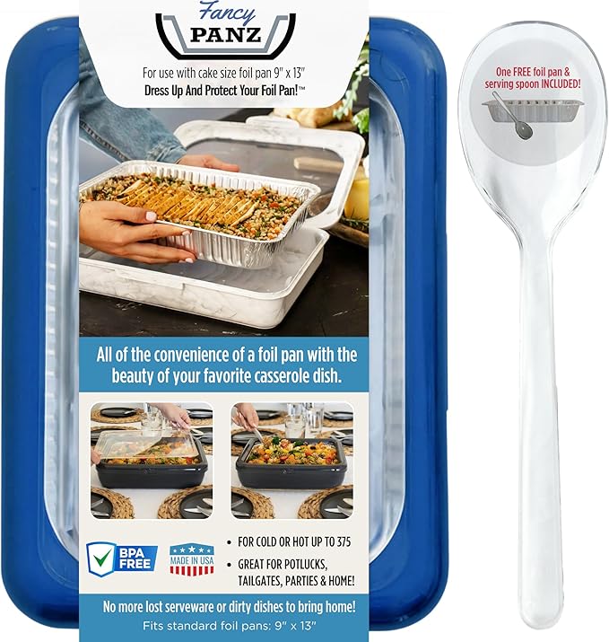 Fancy Panz - Denim Blue 9x13x2" Aluminum Foil Pan Carrier with Lid - Elevated Food Serving Tray - Portable Casserole Carrier with Lid - Made in the USA Hosting Essentials
