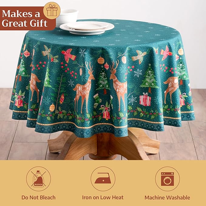 Maison d' Hermine Table Cloth Round Table 100% Cotton 69 Inches Fall Tablecloth Reusable Everyday Use for Thanksgiving Christmas Decorations Dining Farmhouse Party (Hygge Christmas)