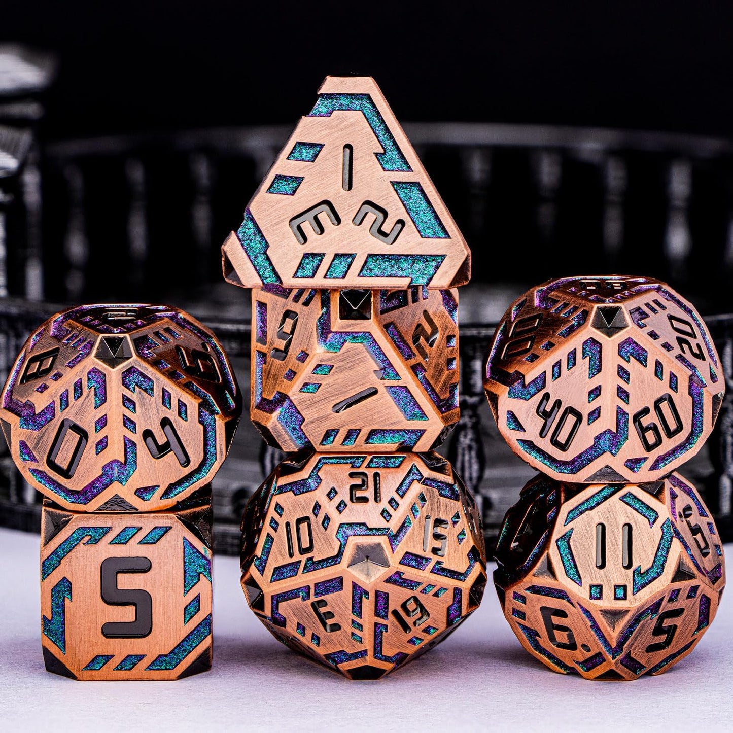 Metal DND Sci-fi Dice Set 7PCS Stripe Polyhedral Dice for Dungeons Dragons RPG Role Playing Game, Glitter D and D Dice with Gift Box D6 D8 D10 D12 D20 (Ancient Bronze&Green Purple)