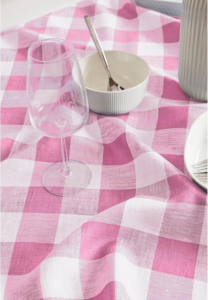 Solino Home Linen Checkered Table Runner 156 Inches Long - 100% Pure Linen Buffalo Check Pink Begonia Table Runner 14 x 156 Inch Ideal for Dining, Valentines, Spring, Easter