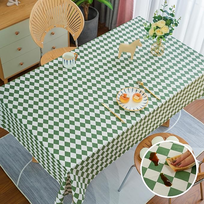 Rectangle Table Cloth,100% Waterproof Tablecloth Oil Proof Spill Proof Vinyl Table Cloth, Wipe Clean Plastic Table Cover for Dining, Camping, Indoor and Outdoor 52" x 70",Green Checkered