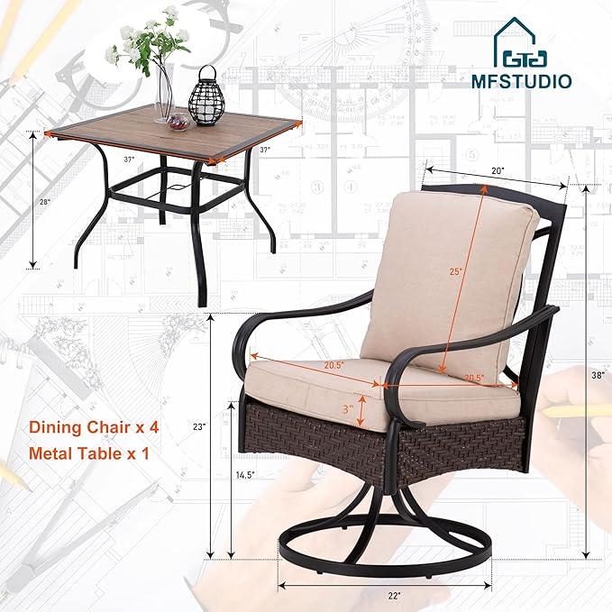 MFSTUDIO 5 Pieces Patio Dining Table for 4, 37’’ Wood-Like Metal Outdoor Table and Chairs, Heavy Duty Patio Dining Sets with Swivel Chairs, All Weather Outdoor Dining Set for 4, Backyard, Porch