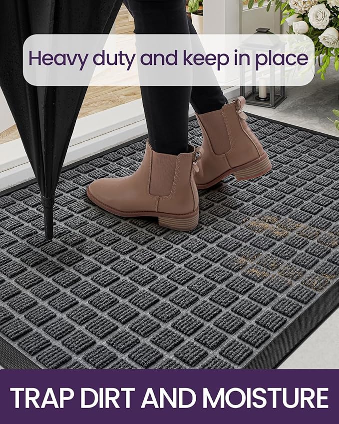 DEXI Front Door Mat Outside Entrance, 2x4 ft Rubber Entry Doormat Heavy Duty, Welcome Mats Non Slip for Inside House Floor Entryway Double Doors Exterior Patio, Checkered Grey