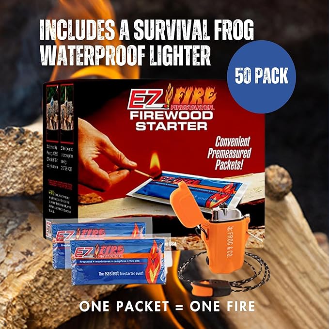 – 50 Pack All-Natural Fire Starters for Campfires, Fire Pits, BBQs & Fireplaces – Long Burning, Weather-Resistant, Non-Toxic + Survival Frog Rechargeable Lighter Kit