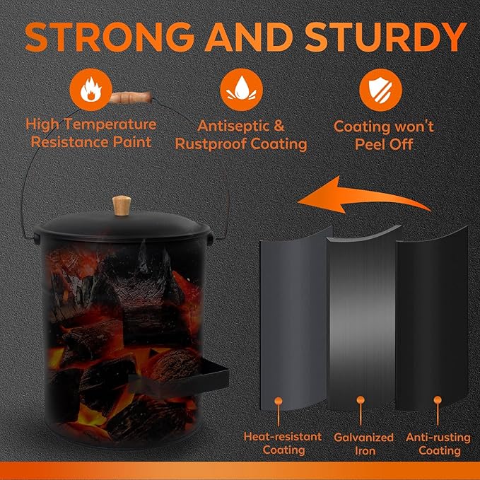 4 Gallon Ash Bucket with Lid and Shovel, Metal Fireplace Ash Bucket with Broom, Complete Fireplace Tools Set for Wood Stove and Fireplace