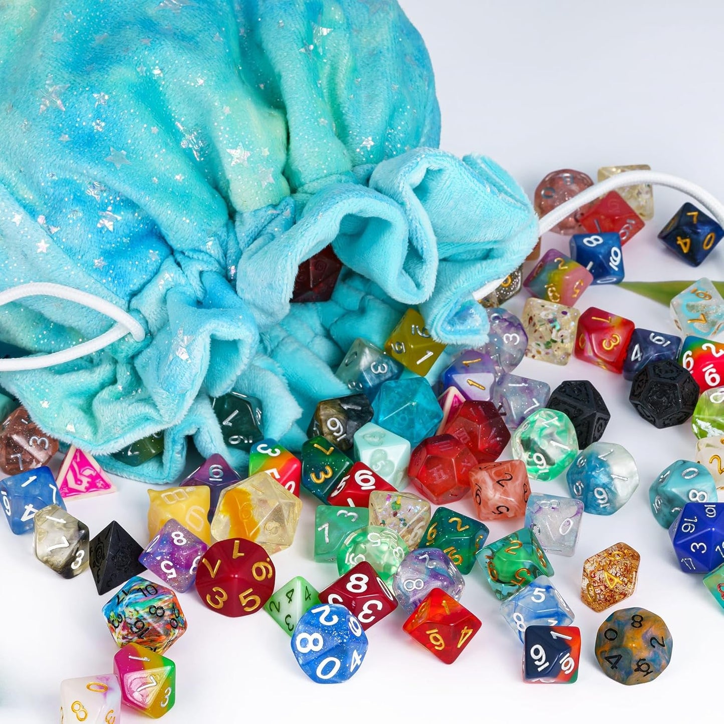 DND Dice Bags Large with Pockets Cyan Storage Bag Star Pattern for D&D RPG Game - Capacity 200+ Polyhedral Die