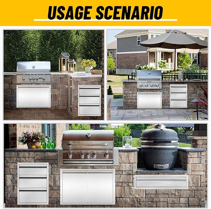 Outdoor Kitchen Drawers 14" W x 15" H x 23" D Flush Mount BBQ Drawers Double Layer Access Storage Drawers for Outdoor Kitchen Island, Patio Grill Station