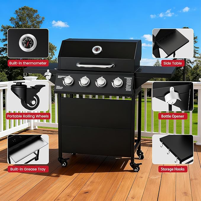 4-Burner Propane Gas BBQ Grill, 40,000 BTU Output Stainless Steel Barbecue Grill with Side Tables & Wheels for Backyard,Camping and Outdoor Cooking (Black)