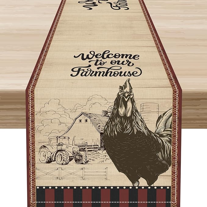 Rustic Farmhouse Table Runner, Vintage Barn Cottage Rooster Retro Farm Country Chicken Wooden Plank Coffee Table Center Decor for Home Kitchen Dining Patio Holiday Party Table Decorations 13"x108"