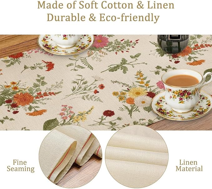 Vintage Flower Table Runner, Rustic Farmhouse Retro Garden Botanical Plants Herbs Wildflower Print Table Runner for Kitchen Dining Room Wedding Party Decor, 13x60inch