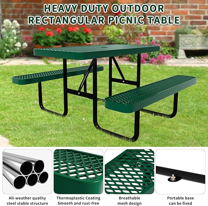 4FT Picnic Tables for Outdoors, Rectangular Commercial Metal Picnic Table Bench Set with Umbrella Hole,Heavy Duty Steel Weather-Resistant Dining Table for Patio Dining Garden Backyard BBQ School