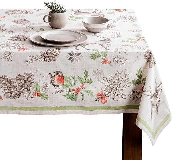 Maison d' Hermine Table Cloth Rectangle Table 100% Cotton 60 x 108 Inches Fall Tablecloth Reusable Everyday Use for Thanksgiving Christmas Decorations Dining Farmhouse Party (Christmas Dew)