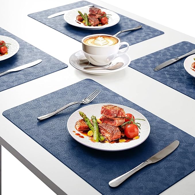 Vinyl Placemats Set of 6 Faux Leather 100% Waterproof Wipeable Washable Place Mats Heat Resistant Easy Clean Non-Slip Table Mats for Indoor Outdoor. (6,Blue)