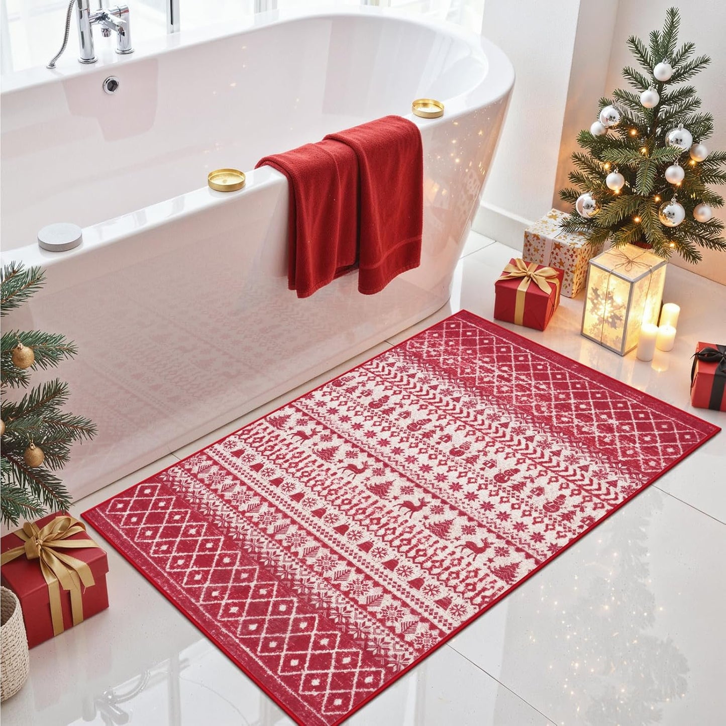 2025 Christmas Door Mat, 2x3 Small Red Rugs for Entryway, Low Pile Xmas Kitchen Rugs Non Slip Washable, Thin Bathroom Rugs Fit Under Door, Winter Holiday Accent Rug for Entry Bedroom