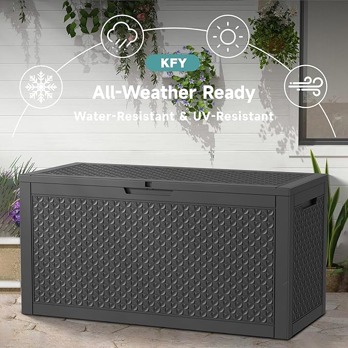 100 Gallon Waterproof Outdoor Storage Box, UV Resistant Resin Deck Box with Hydraulic Rod for Reinforced Stability, Perfect for Patio, Garden, and Pool, Quad Leaf Black