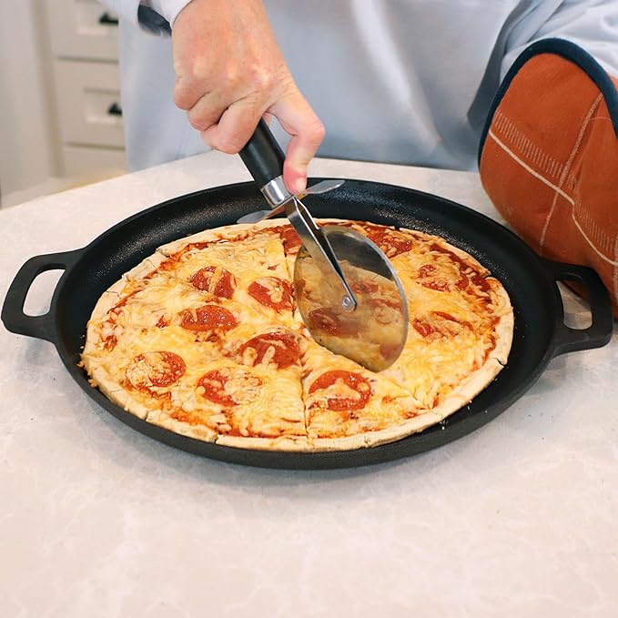 Sunnydaze 13.75-Inch Pre-Seasoned Cast Iron Pizza Pan with 2 Side Handles for Cooktop, Oven, and Grill