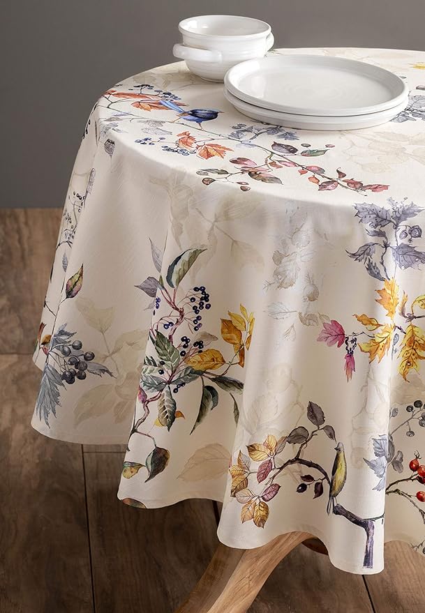 Maison d' Hermine Table Cloth Round Table 100% Cotton 69 Inches Fall Tablecloth Reusable Everyday Use for Thanksgiving Christmas Decorations Dining Farmhouse Party (Equinoxe - Beige)