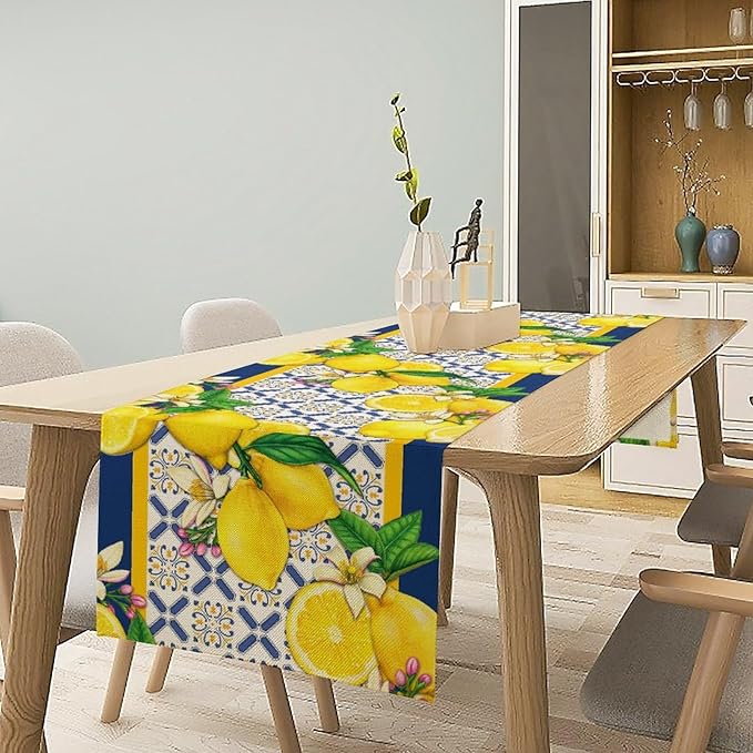 Yellow Lemon Table Runner, Spring Summer Seasonal Blue Tiles Watercolor Lemon Table Runner for Farmhouse Kitchen Indoor Outdoor Party Decor, 13x60inch