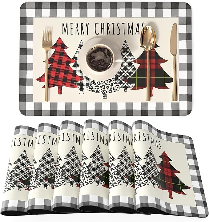 QIYI Christmas Placemats Set of 6, 12x18 Inch PU Leather Place Mats for Kitchen Dinning, Heat Resistant Anti Slip Buffalo Plaid Table Mats, Waterproof Washable Placemat Party Table Décor, Xmas Trees