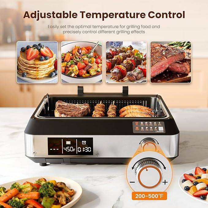 Kismile 2-in-1 Griddle and Indoor Grill,Electric Smokeless Grill with Temperature Probe,Temperature Control & display screen,Portable Smoke-Free Griddle for Indoor Steaks,Vegetables,Family Cooking