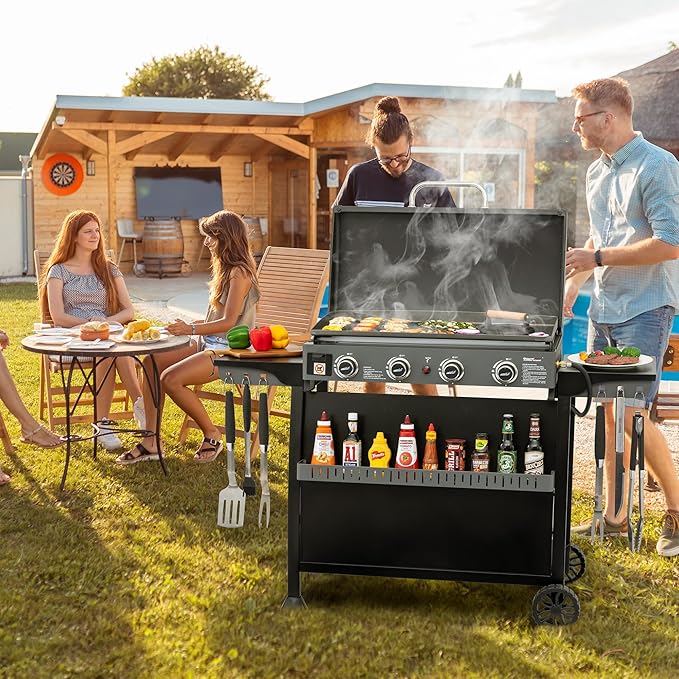 Royal Gourmet PD4001 4 Burner Propane Gas Griddle with Removable Standing Cart, Convertible to Tabletop Design, Flat Top Grill with Hood for Camping, Tailgating, Backyard, Black