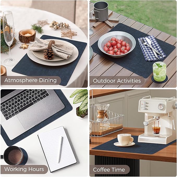 Vinyl Placemats Set of 6, Faux Leather Waterproof and Heat Resistant Place Mats, Washable Anti-Slip Table Mats with Coaster, Wipeable Placemats for Indoor & Outdoor 17" x 12" (Navy Blue, Set of 6)