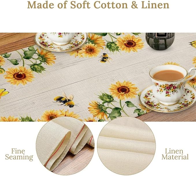 Sunflower Table Runner, Yellow Floral Flower Butterfly Country Rustic Table Runner for Outdoor Home Party Kitchen Dining Holiday 13x36in