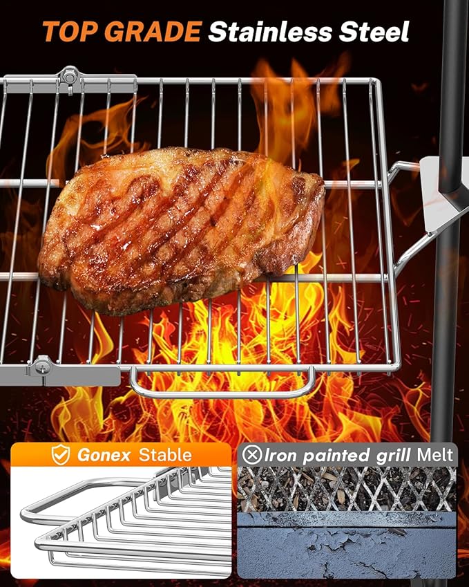 Gonex Portable Campfire Grill Grate for Fire Pit Foldable Stainless Steel Grill Height Adjustable Camping Cooking Equipment for RV Outdoor Backyard BBQ Courtyard 15.35"x18.3"