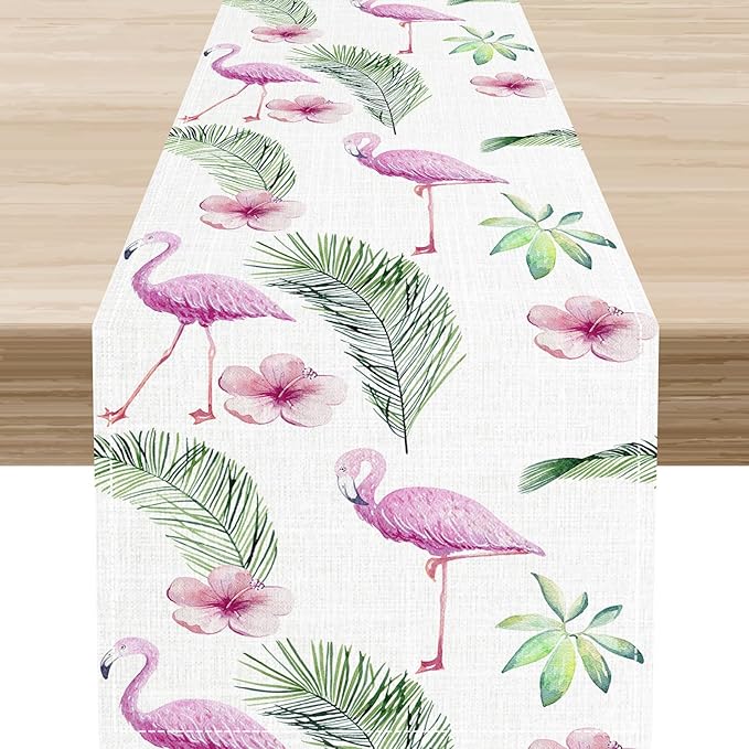 Flamingo Table Runner,Spring Summer Tropical Floral Green Palm Leaves Hawaiian Luau Watercolor Table Center Decor for Family Kitchen Living Room Farmhouse Party Table Decorations, 13"x108"