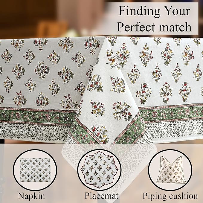 CPC Tablecloth 100% Cotton 70x118 Inch Indian Block Print Rectangle Table Cover, Table Cloth for Weddings, Spring/Summer, Barbeque -Forest Green