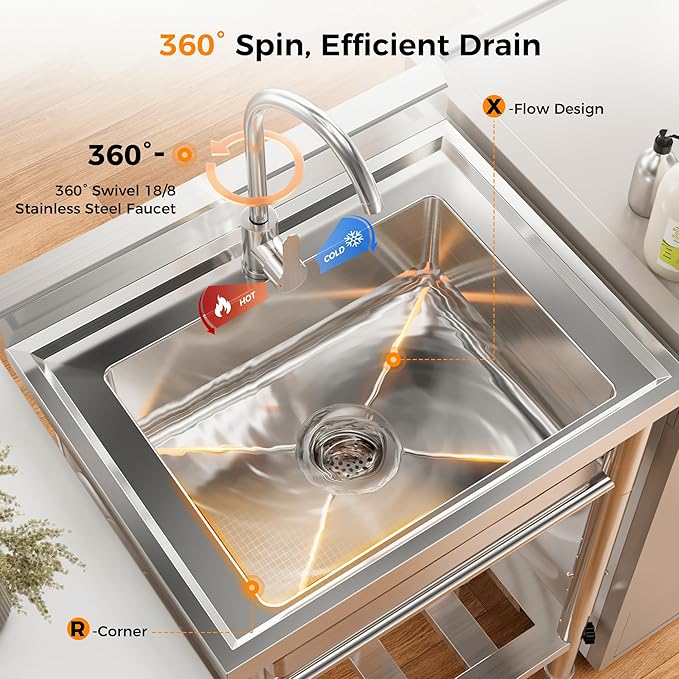 23"W Compact Utility Sink 18/8 Stainless Steel Portable Ergonomic Sinks with 4-Height Adjustable & 360° Swivel Faucet Laundry Room Kitchen Garage Outdoor BBQ RV Basement Hobby Room Bathroom