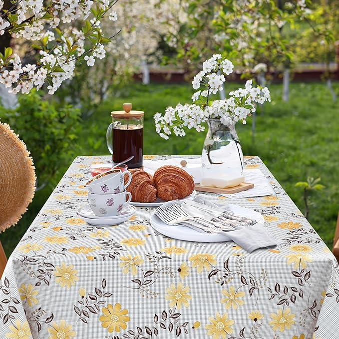 misaya Rectangle Waterproof Vinyl Table Cloth, Wipeable Tablecloth with Flannel Backing, Plastic Table Cover for Dinner, Picnic, Indoor and Outdoor (Yellow Flowers, 60" x 102")