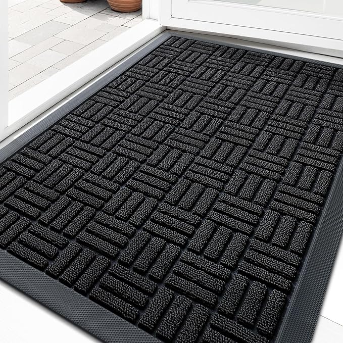 OLANLY Front Door Mat Outside Entrance 29.5x17, Absorbent, Heavy Duty Sturdy Natural Rubber Doormat Indoor Outdoor, Stain and Fade Resistant, Non-Slip Backing Low Profile Floor Mat for Entryway, Black