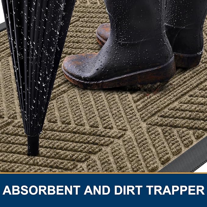 Smiry Front Door Mat Outside Entrance, Heavy Duty Sturdy Natural Rubber Doormat, Trap Dirt and Moisture, Easy Clean Low Profile Mats for Indoor Outdoor Entry, Irregular Triangle (36x24, Camel)