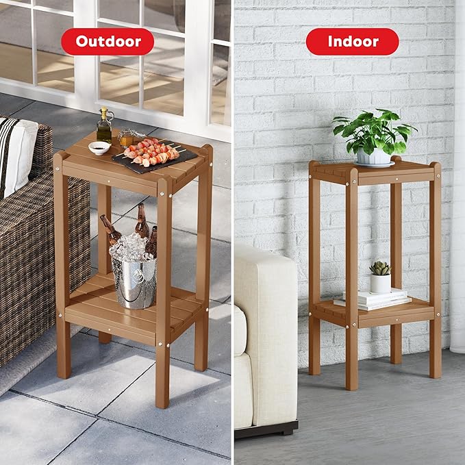 Costaelm Outdoor Side Table, 2-Tier Small Patio Coffee Tables for Outside, Outdoor End Tables for Patio, Adirondack Side Table for Outside, Outside Table for Pool, Porch, Garden, Teak