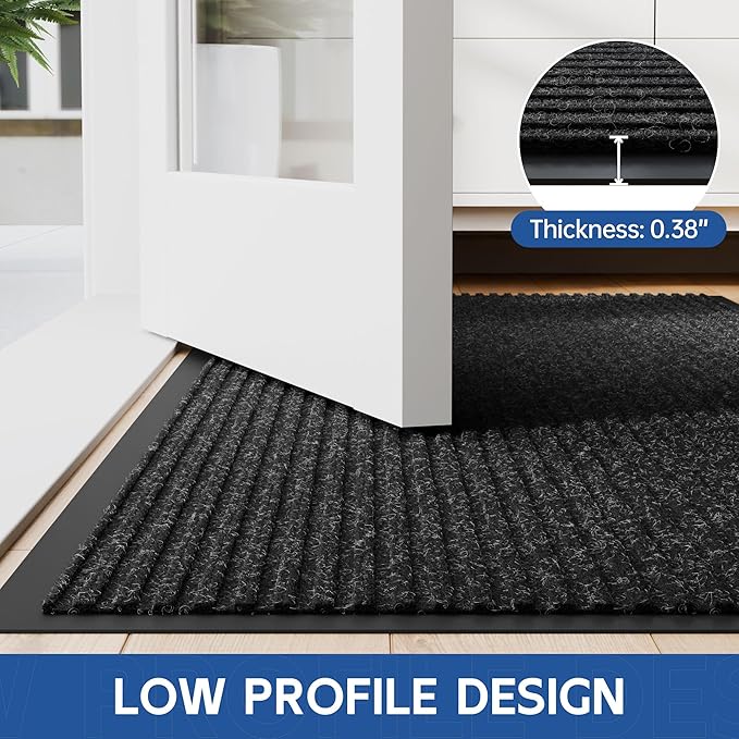 Front Door Mat, 5' x 4' Heavy Duty Indoor Outdoor Door Mat Entrance, Commercial Welcome Mats, Stain and Fade Resistant, Durable Rubber Backing, Low Profile Entry Mat for Patio, Black Stripe