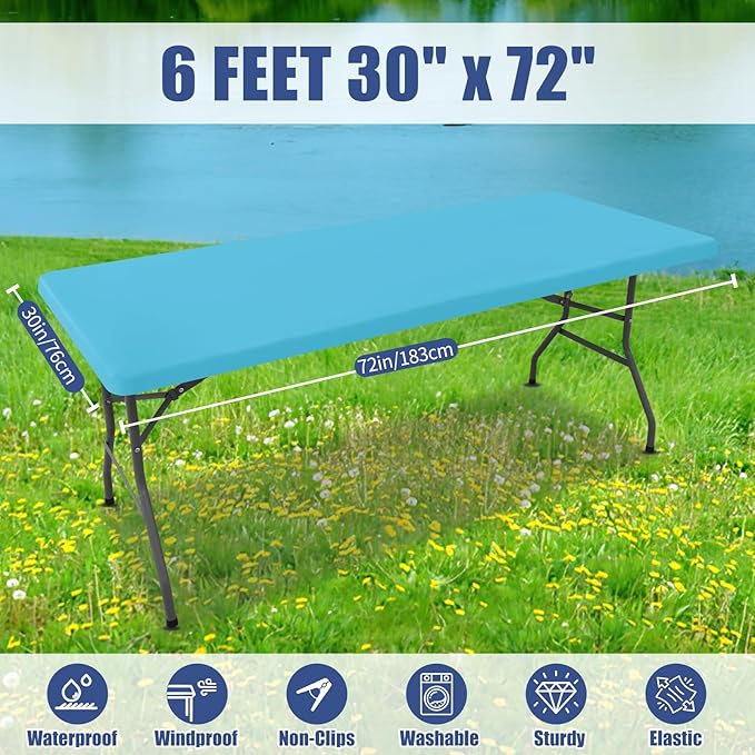 Spandex 6 Foot Rectangle Table Cloth 6 Pack, Elastic Fitted Tablecloths for Picnic, Stretch Washable Patio Table Cover for Outdoor, Camping, Banquet and Parties (Blue Mist, 30"x72")