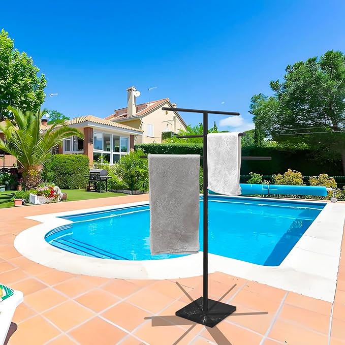 Marble Base Outdoor Standing Towel Rack for Swimming Pool, Hot Tub Or Spa, 304 Stainless Steel 6 Arms Standing Towel Sheet Holder Blanket Drying Rack Matte Black