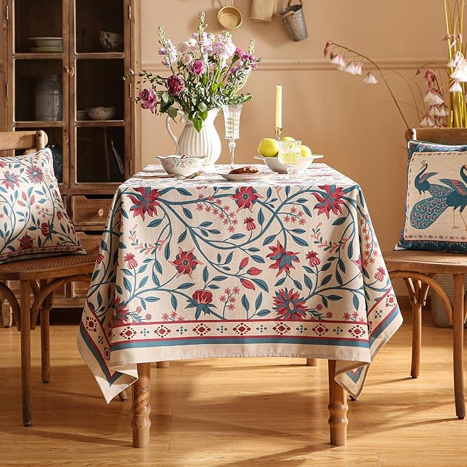 Designer Linen Rectangle Tablecloth,Vintage William Morris Wrinkle Free Floral Extra Long Table Cloth,Decor Table Cover for Kitchen,Dining,Thanksgiving,Christmas,67"*118"-Dorodango B
