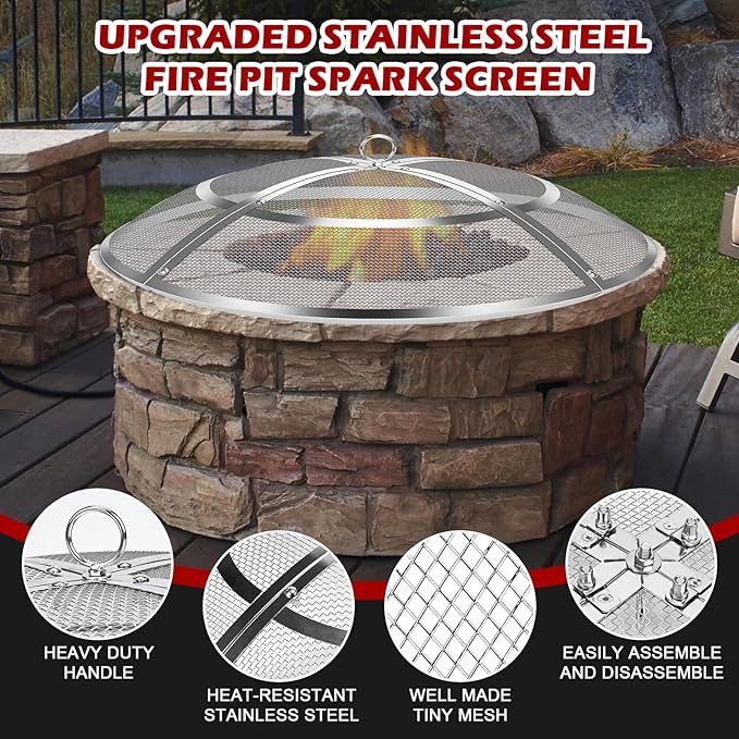 Fire Pit Spark Screen,22 Inch Fire Pit Screen Cover Stainless Steel Outdoor with Handle&Poker,Firepit Screens Cover Round Mesh Lid Heavy-Duty Steel Replacement for Backyard/Beach/RV Camping