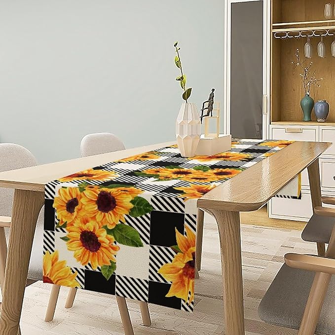 Yellow Sunflower Table Runner, Vintage Farmhouse Black White Sunshine Sunflowers Print for Autumn Farmhouse Home Kitchen Table Decoration,13x90inch