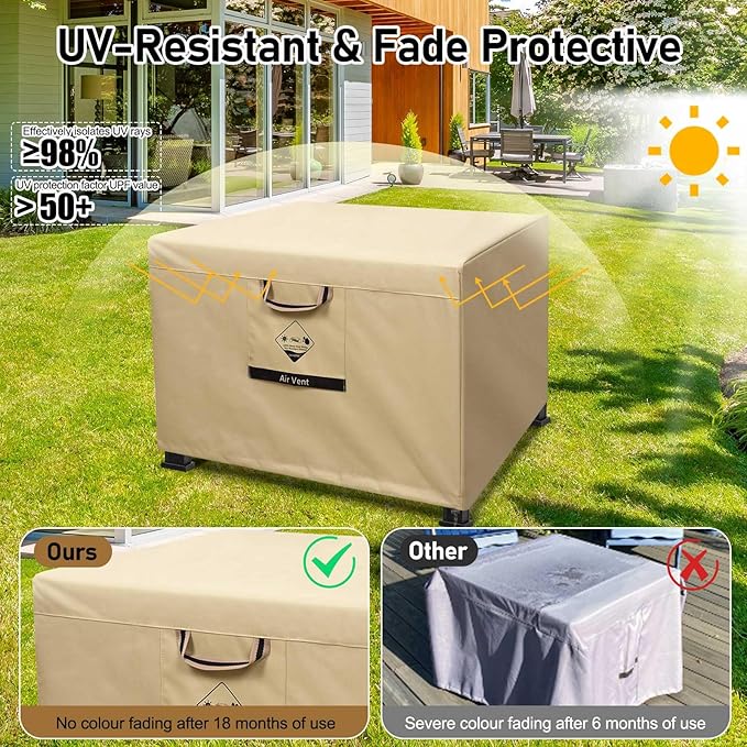 738N Max Tension, Gas Fire Pit Cover Square, Fits for 29/30/31/32 Inch, 600D Upgraded Extra Dense Heavy Duty Fabric, Waterproof, Tear Resistant, Outdoor Fire Table Cover, 32''L x 32''W x 24''H -Beige