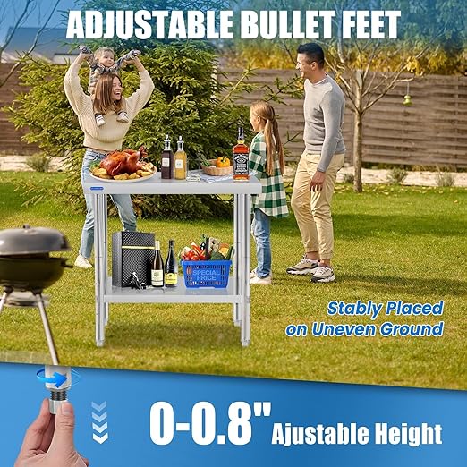 Stainless Steel Table for Prep & Work with Undershelf 24 x 30 Inches NSF Metal Commercial Kitchen Prep Table with Adjustable Under Shelf Worktable for Restaurant Home Outdoor
